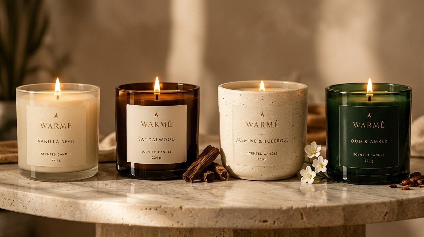WARMÉ four signature candles: Vanilla Bean, Sandalwood, Jasmine & Tuberose, and Oud & Amber